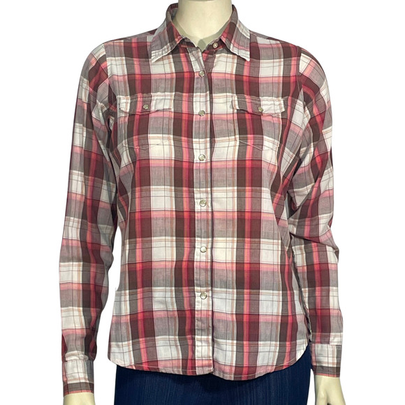 Wrangler Wrancher Women's Sz M Western Shirt Pearl Snaps Long Sleeve Pink Plaid - Picture 1 of 10